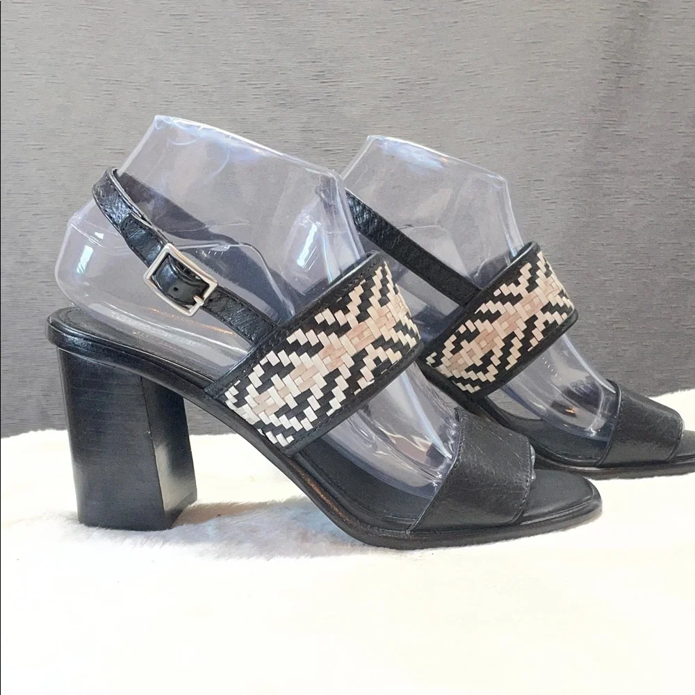 Frye Amy Black Block Heel Sandal with Woven Neutral‎ Accent